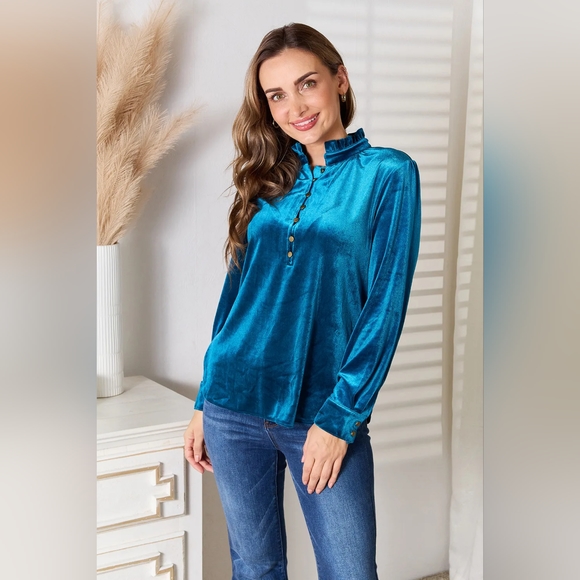 Double Take Designer Turquoise Notched Neck Buttoned Long Sleeve Blouse NWT - Picture 5 of 6